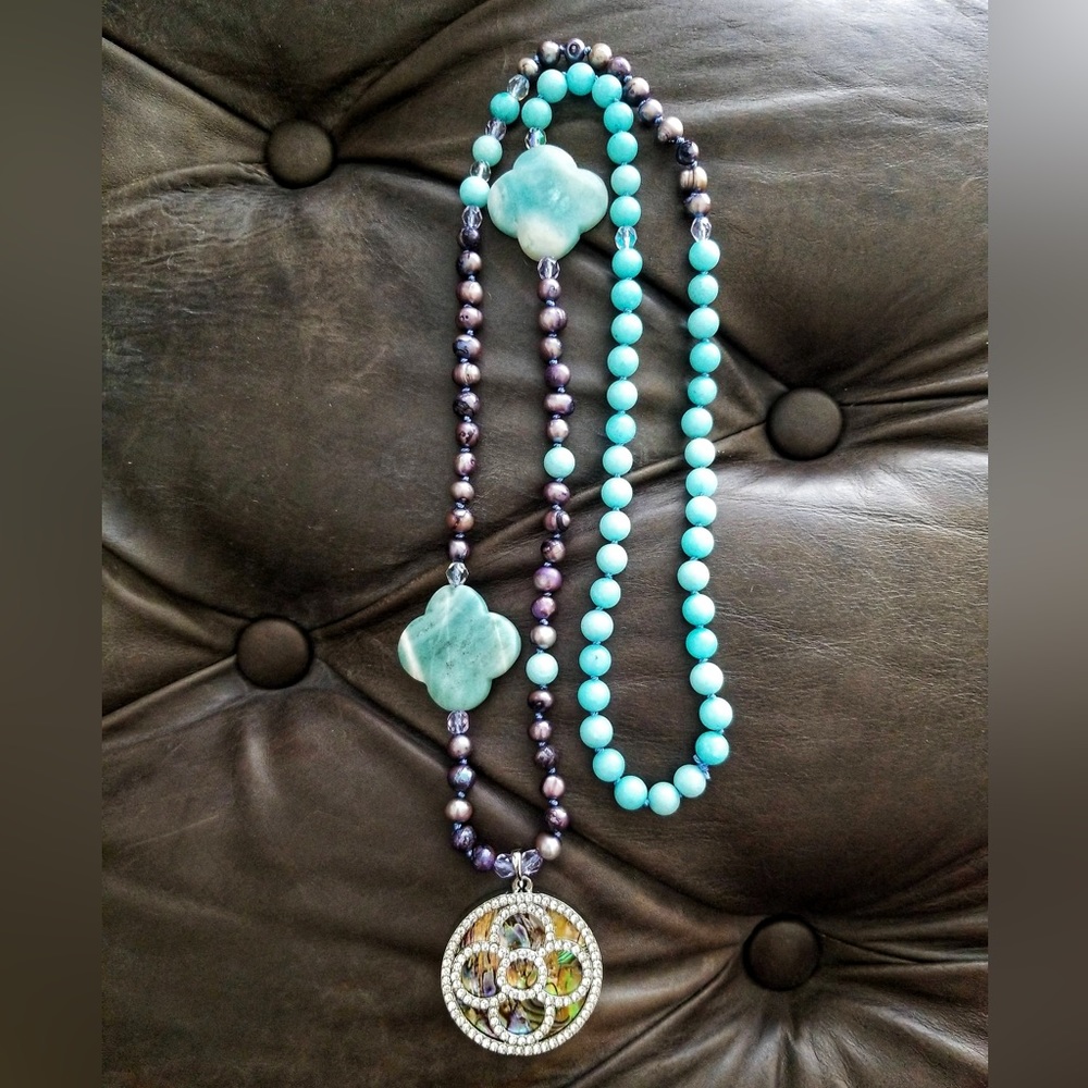 Amazonite and pearl mala necklace